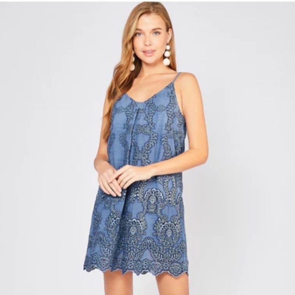 Entro Blue Floral Embroidered Eyelet Mini Dress V-Neck Dark Fairy Whimsigoth S